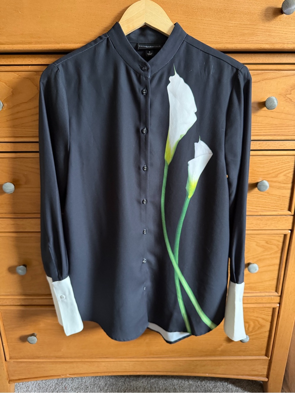 Victoria Beckham x Target Blouse Womens Size S Black Calla Lily Mandarin Collar